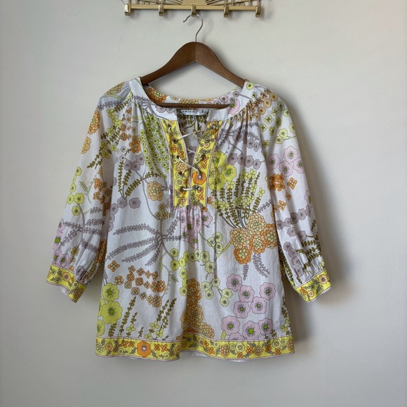 Trina Turk Chirp Crescent Drive Blouse Small Lace up Floral Yellow - Picture 1 of 9